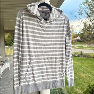 Banana Republic Gray and White Striped Lightweight Pullover Hoodie